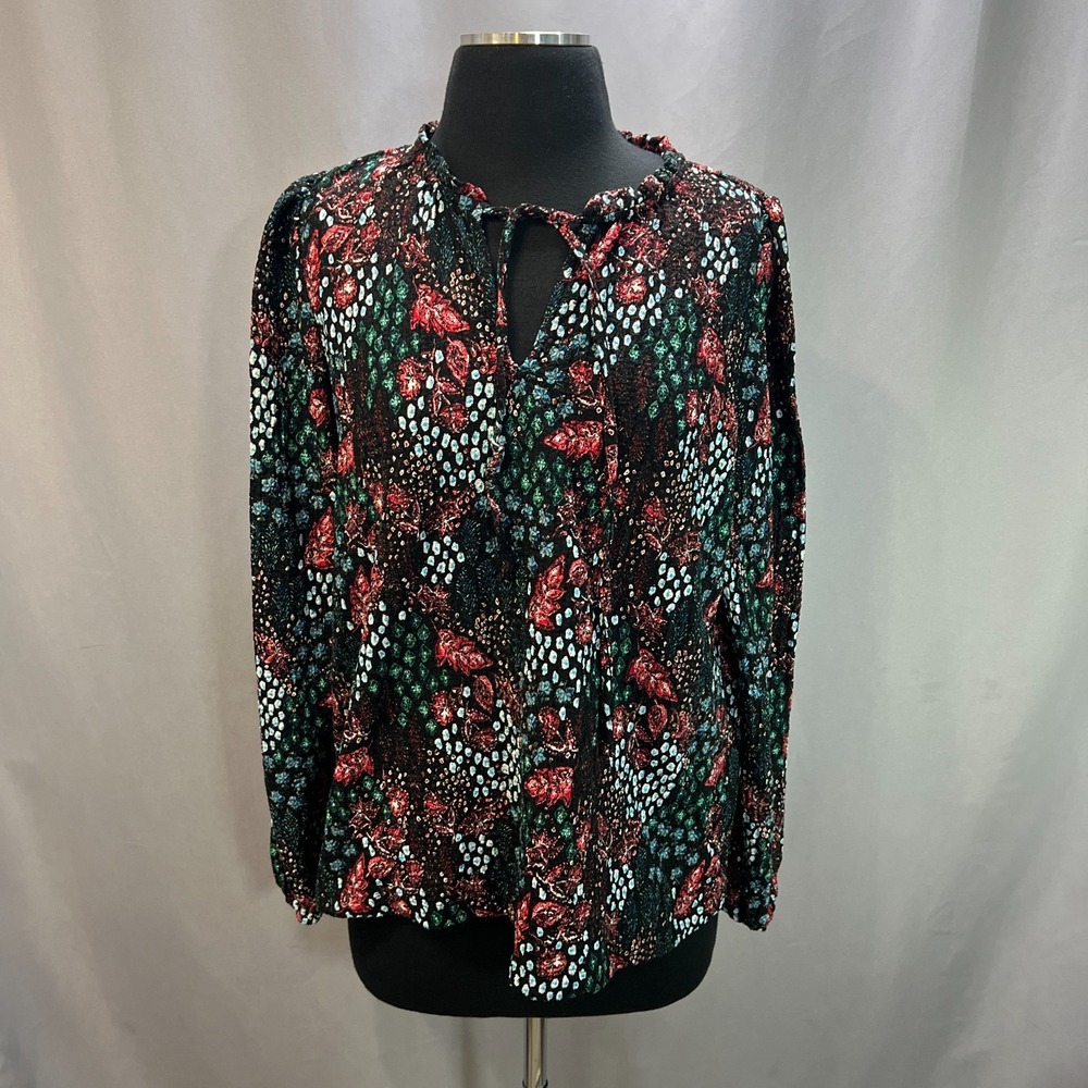 Loft Ruffle Tie Neck Blouse Top Women Medium Multicolor Floral Print Long Sleeve